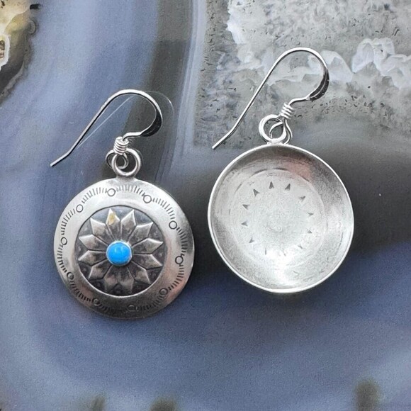 Native American Sterling Silver Turquoise Dot Stamped Concho Dangle Earrings - Picture 7 of 10